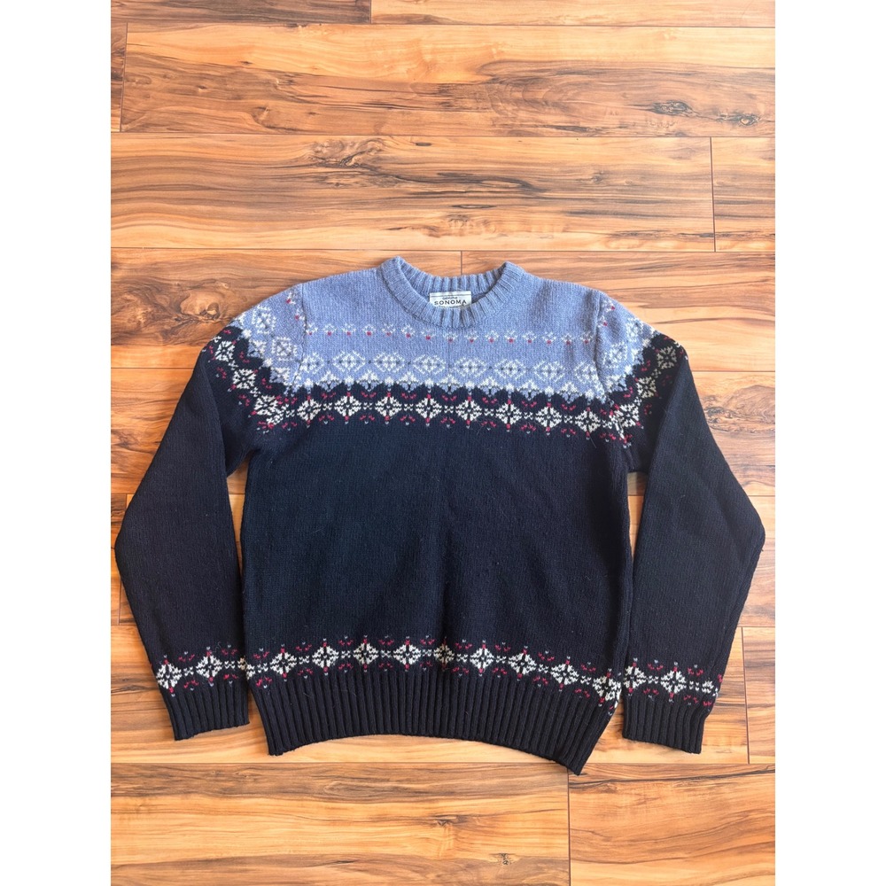 Sonoma Jean Company 100% Wool Fair Isle Sweater Navy Blue Nordic Mens Small